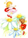 Kid boy and girl playing. Watercolor illustration. Royalty Free Stock Photo