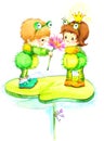 Kid boy and girl playing. Watercolor illustration. Royalty Free Stock Photo