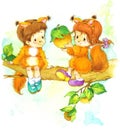 Kid boy and girl playing. Watercolor illustration. Royalty Free Stock Photo