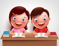 Kid boy and girl vector characters studying together doing homework