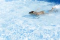 Kid boy holding breath underwater in sunny swimming pool. learning to swim Royalty Free Stock Photo