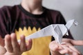 Kid, boy holding model of dinosaur, folded from white paper using Japanese origami technique, concept of crafting crafts, hobbies