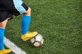 Kid boy kicking soccer ball on sports field Royalty Free Stock Photo