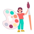 Kid boy little painter with color palette and paint brush, flat cartoon vector isolated.