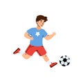 Kid boy play in football, child kick soccer ball a flat vector illustration. Royalty Free Stock Photo