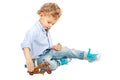 Kid boy playing with wooden bike Royalty Free Stock Photo