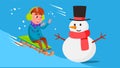 Kid Boy Rolling Downhill On A Sled And Crashes Into Snowman Vector. Isolated Illustration