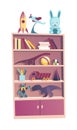 Kid boy room scene element. Home accessory. Interior closet with shelves, toys and books vector sign illustration