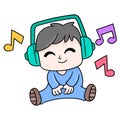 Kid boy is sitting wearing headphones listening enjoying music, doodle icon image kawaii Royalty Free Stock Photo