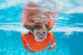 Kid boy swim underwater in sea. Kid swimming in pool under water. Active kid swimming, playing and diving, children Royalty Free Stock Photo