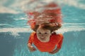 Kid boy swim underwater in sea. Kid swimming in pool under water. Active kid swimming, playing and diving, children Royalty Free Stock Photo