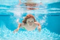 Kid boy swimming underwater on the beach on sea in summer. Blue ocean water. Child boy swimming in sea. Active healthy Royalty Free Stock Photo