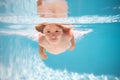 Kid boy swimming underwater on the beach on sea in summer. Blue ocean water. Child boy swimming in sea. Kids swim on Royalty Free Stock Photo