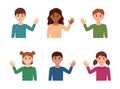 Kid boys and girls waving their hands hello, bye. Children waving in greeting, goodbye. Vector illustration Royalty Free Stock Photo