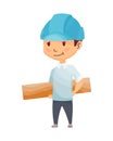 Kid builder. Little worker in helmet. Children with construction wooden board, making job. Working builder in blue