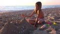 Kid Building Castle on Beach at Sunset, Child Playing Sands, Girl on Seaside, Ocean View Royalty Free Stock Photo