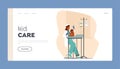 Kid Care Landing Page Template. Pediatrician Female Character Prepares Medicine And Syringe, Calms Baby
