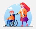 A kid caring for a friend who is temporarily disabled and recovering, Flat design