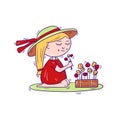 Kid character, a girl in a hat smelling the flowers, young florist gardener nature lover - Vector illustration isolated Royalty Free Stock Photo