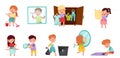 Kid Characters Cleaning Room and Doing Household Chores Vector Illustration Set Royalty Free Stock Photo