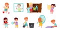 Kid Characters Cleaning Room and Doing Household Chores Vector Illustration Set