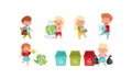 Kid Characters Gathering Plastic, Sorting Trash and Planting Vector Set