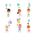 Kid Characters Throwing Gift Boxes with Balloons Vector Illustration Set