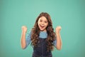 Kid cheerful celebrate victory. Girl cute child long curly hair happy smiling. Child psychology and development. Happy Royalty Free Stock Photo