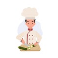 Kid Chef Chopping Cucumber. Cute Kid Chef Illustration