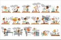 Kid chemists characters posing in different situations looking dirty after failed chemical experiments set of vector Royalty Free Stock Photo