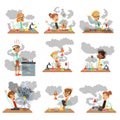 Kid chemists characters posing in different situations looking dirty after failed chemical experiments set of vector Royalty Free Stock Photo