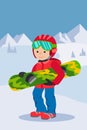 Kid child boy with snowboard winter sport jacket hat clothing snow vector graphic isolated and flat illustration