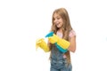 Kid cleaning at home. Mist sprayer helpful for wiping dust. Girl yellow rubber protective gloves ready for cleaning copy Royalty Free Stock Photo