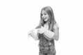 Kid cleaning at home. Mist sprayer helpful for wiping dust. Girl yellow rubber protective gloves ready for cleaning copy Royalty Free Stock Photo