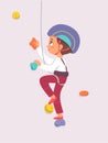 Kid climber climbing rock wall, fearless boy in safety helmet bouldering, hanging on rope Royalty Free Stock Photo