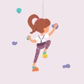 Kid climber climbing rock wall, fearless girl bouldering, hanging on rope