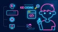 Kid coding infographic icon neon. boy programming on laptop in computer language. children Learning kids coding school. teach to