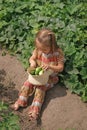 Kid collect fresh crop of cucumbers in braided hat. Homemade eco-farm products Royalty Free Stock Photo