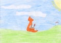 Kid colored pencil drawing of an fox eating a muffin