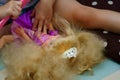 Kid combing hair of princess doll