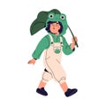 Kid in costume of little frog in Halloween carnival. Cute child dressed in masquerade froggy suit. Boy in froglet hood