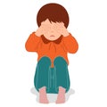 Kid crying, covering his eyes with his hands. Scared, depressed, sad boy looks lonely. Vector illustration of helpless, frightened