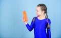 Kid cute girl gymnast sports leotard hold bottle for drink. Water balance and hard gym training. Drink more water. Keep Royalty Free Stock Photo