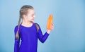 Kid cute girl gymnast sports leotard hold bottle for drink. Water balance and hard gym training. Drink more water. Keep Royalty Free Stock Photo