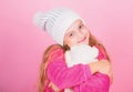 Kid cute girl play with soft toy teddy bear pink background. Child small girl playful hold teddy bear plush toy. Unique Royalty Free Stock Photo