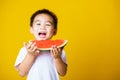 Kid cute little boy attractive laugh smile playing holds cut watermelon fresh for eating