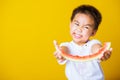 Kid cute little boy attractive laugh smile playing holds cut watermelon fresh for eating