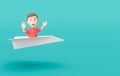 Kid 3D Cartoon Character Flying on a Paper Airplane on Blue with Copy Space