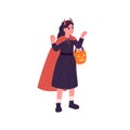 Kid disguised in Halloween party costume with cloak cape, teeth, fangs and devil horns. Vampire girl and holiday pumpkin Royalty Free Stock Photo