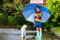 Kids in puddle in autumn rain. Waterproof wear Royalty Free Stock Photo